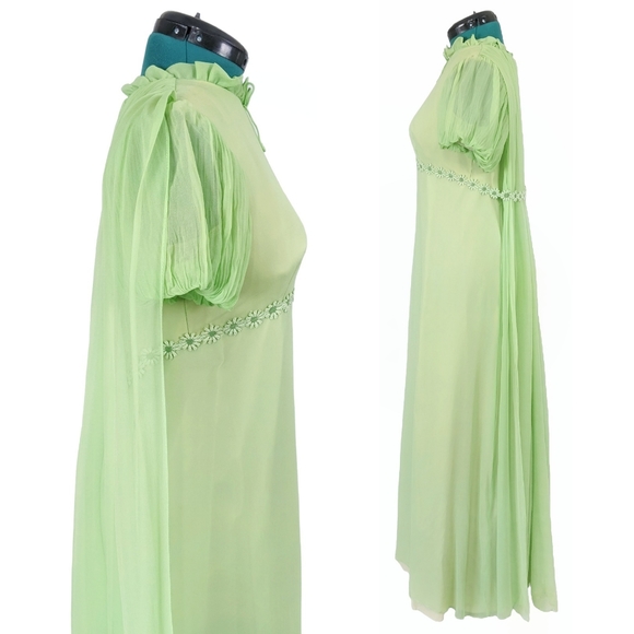 1960s Fairy Cape Dress Flower Power Vintage Prom Formal Romantic ILGWU Green vtg - Picture 5 of 9
